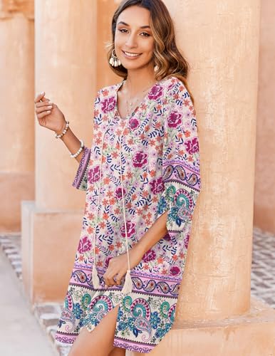 Image of Zeagoo Womens Boho Dresses Casual Beach Summer Dress Tassel Tie Neck 3 /4 Long Sleeve Mini Sundress 2025 Floral Print Cover Up