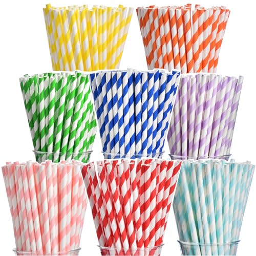 ALINK 200-Pack Biodegradable Paper Straws Assorted Rainbow Striped Smoothie Straws for Birthday Wedding Bridal/Baby Shower Christmas Decorations and Party Supplies