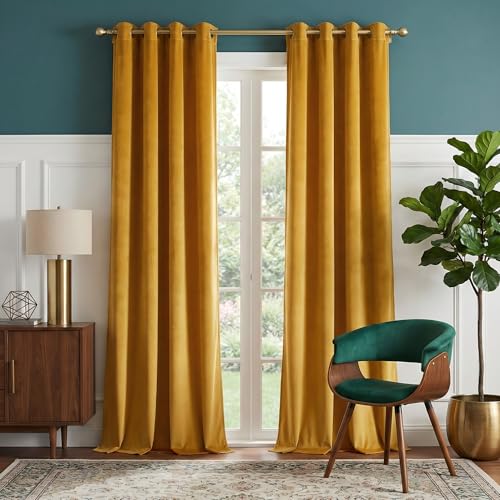 NICETOWN Gold Brown 90 inch Long Velvet Curtains & Drapes for Spring - Thermal Insulating Soft Yellow Window Treatments for Bedroom Living Room Sliding Glass Door W52 x L90 2 Panels