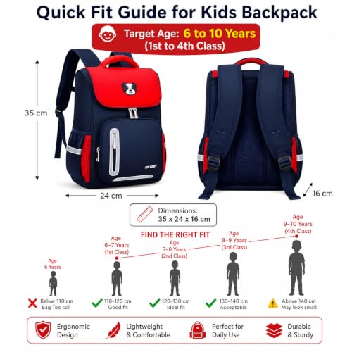 Image of Bear Print Flap School Bag for Boys Girls 6-10 Years Waterproof Lightweight Kids Backpack Large Capacity Student Bag for Books & Padded Straps & Back Support