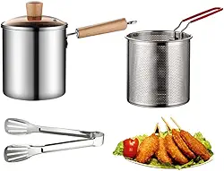 Frigideira de aço inoxidável 304 com cesta e alça de coador, fritadeira tempura japonesa, fritadeira para fritar peixe, camarão, frango e batatas fritas (prata-1)