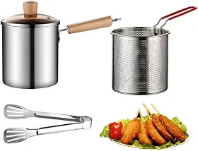 Frigideira de aço inoxidável 304 com cesta e alça de coador, fritadeira tempura japonesa, fritadeira para fritar peixe, camarão, frango e batatas fritas (prata-1)