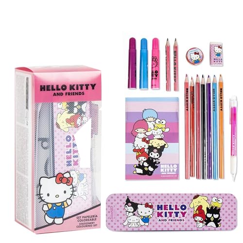 Set Papelería Coloreable Hello Kitty Caja Rotuladores y Accesorios | Kit Creativo Hello Kitty Infantil para Pintar, Decorar y Organizar Material Escolar