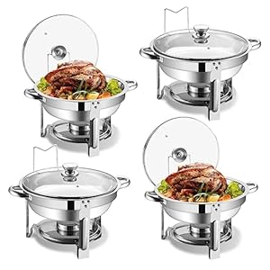 Chafing Dish Buffet Set 4 Pack,Stainless Steel Round Buffet Servers and Warmers with Glass Lid and Built-in Lid Holder,Chafers for Catering,5QT Food Warmer for Parties Buffet
