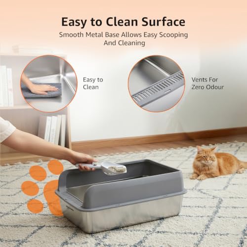 Image of Amazon Basics Stainless Steel CAT Litter Box with Elevated Anti-Splash PP Guard Gray Open-TOP Easy-Clean Litter Tray for Cats 60.0 (L) x 37.8 (W) x 24.4 (H) CM
