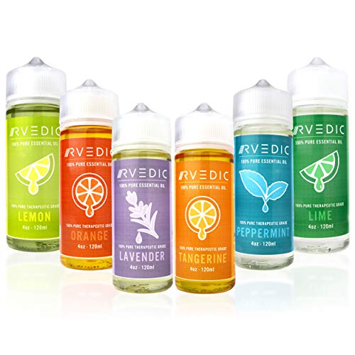 RVEDIC 100% Pure Essential Oil Set - 6x Large 4oz(120ml) bottles with easy to use drip tip. Made in USA. Therapeutic Grade for Aromatherapy, Massage, Diffuser, Humidifier, Bathing&Cleaning VALUE PACK!