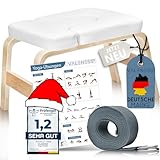 VALENESS® Yoga Kopfstandhocker - Hochwertiger Yoga Hocker inkl. Yogagurt, Yogablock & Übungsposter - Yoga Stuhl zur Handstand-Übung aus massivem Naturholz - Yoga Ausrüstung für Zuhause… (weiß)