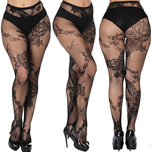 Plus Size Womens Sexy Lace Patterned Tights Fishnet Floral Stockings High Waist Pantyhose for Girls Ladies 4 Pairs4