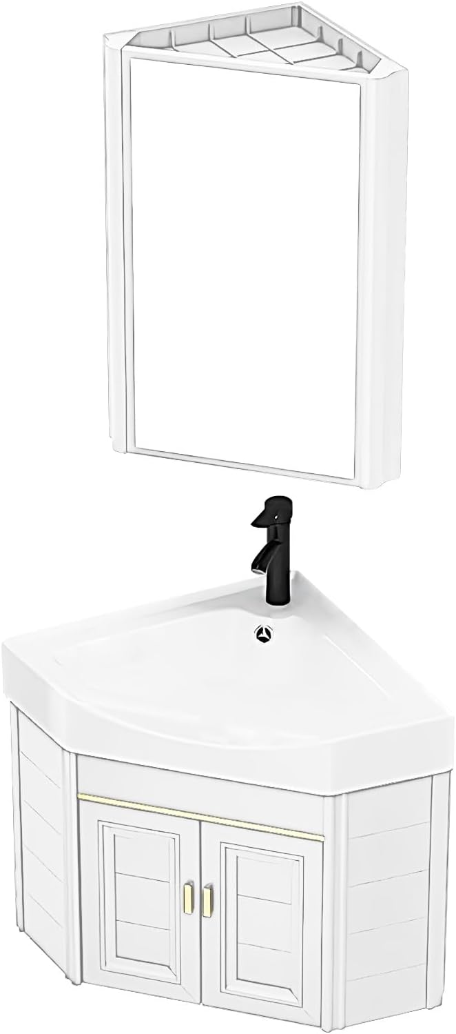 Sink,Bathroom Vanity Sink, Corner Vanity Cabinet with Ceramic Sink & Mirror Cabinet, Wall Mounted Bathroom Vanity Sink Set for Small Space(A 38cm/15in)