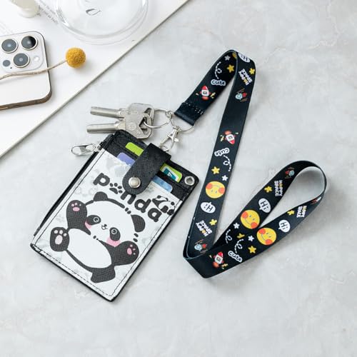 Image of ID Badge Holder with Lanyard,Cute Panda Work Badge with Zipper Pocket, 2-Sided Functional Card Wallet with 3 Card Slots and Detachable Keychain for Teacher Student Nurse Worker (Black)