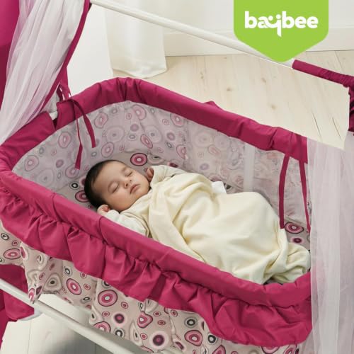 Image of BAYBEE Baby Cradle and Swing for Newborn Babies with Mosquito Net, Portable Jhula with 360 Wheel Lock, Sleeping Swing Bassinet, Uyyala Palna for 0-12 Months Boys & Girls (Purple)