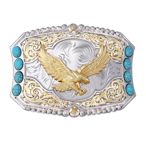 HUABOLA CALYN Mens Belt Buckle, Vintage Western Golden Eagle Turquoise Belt Buckles, Cowboy Accessories for Men Women