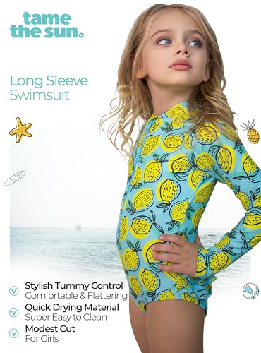 Tame the Sun Long Sleeve Girls' Swimsuit - Rash Guard with Frills, UPF 50+ Zipper Swimwear - Bathing Suit for Ages 3-123