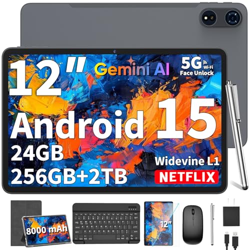 Image of 2025 12 Inch Tablet, Android 15 Tablets with Keyboard, 24GB+256GB+2TB Expand, 2K Display, Tablet PC with 5G WiFi, Octa-Core, 8000mAh, BT5.0, GMS, GPS, 2 in 1 Tablets with Case, Mouse, Stylus(Silver)