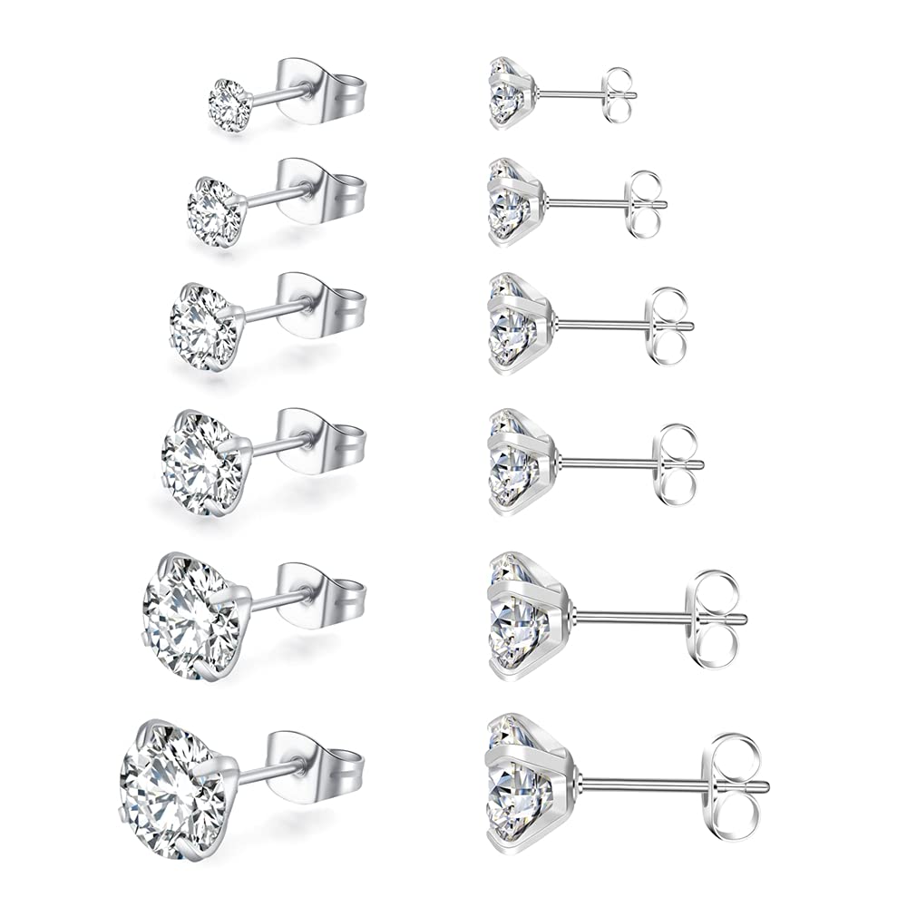 6 Pair Titanium Screw Back Stud Earrings Set for Women Men, Hypoallergenic Surgical Steel 3A Cubic Zirconia 20G Helix Piercing Jewelry Cartilage Earrings for Sensitive Ears 3-8mm
