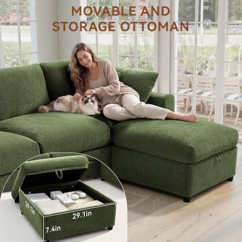 Image of Ihanherry Oversized Cloud Sectional Couches for Living Room, Modular Sectional Sofa with Wide Deep Seat, Coner Couch with Throw Pillow and Storage Ottoman, Green