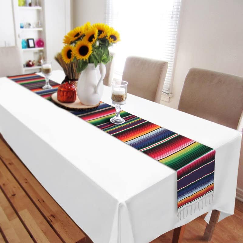 Mexican Table Runner for Cinco de Mayo Decorations, 4 Packs 14" x 108" Hand Woven Mexican Blanket Table Runner Fiesta Party Supplies, Fringe Cotton Serape Table Runner for Mexican Party Wedding Decor