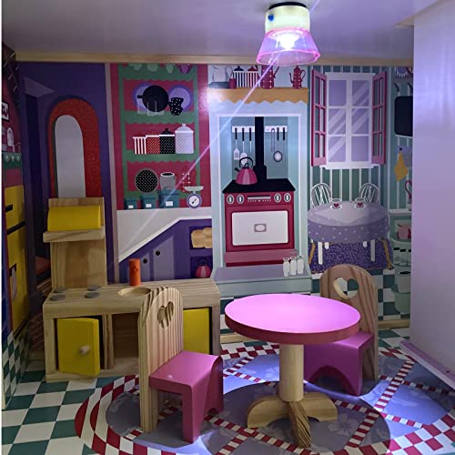 XXL Puppenhaus aus Holz mit Beleuchtung 18 Möbel 3 Ebenen 4 Zimmer Traumhaus mit Balkon und Aufzug 118 cm Höhe – Bild 6