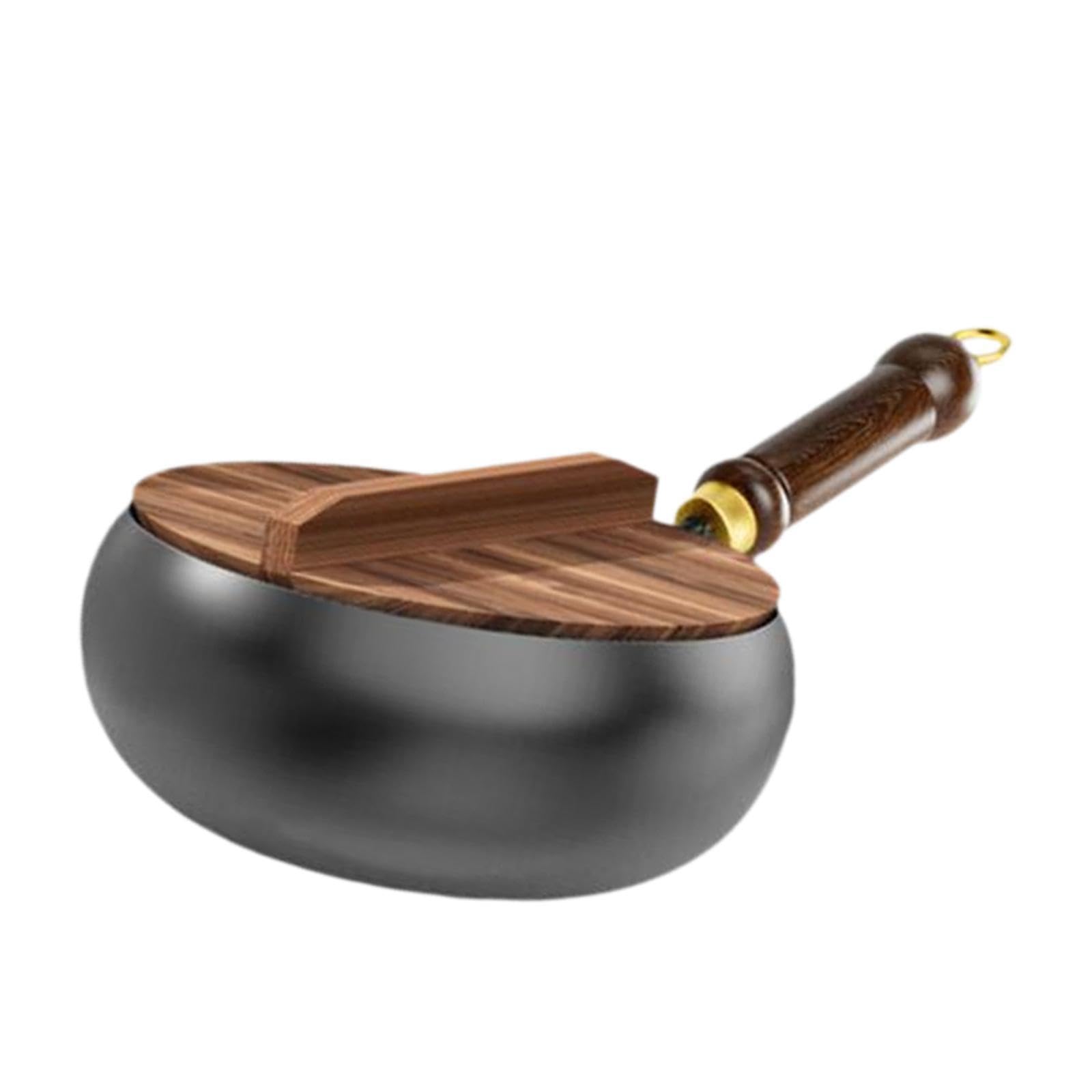 Padella antiaderente wok cinese da 45 pollici, pentola profonda con manico ergonomico in legno, cottura in padella, wok antiaderente realizzato, coperchio legno, 24 cm