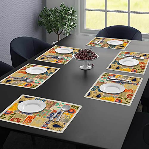 Handicraft Bazarr Placemats for Dining Table Designing Cotton Table Mats Set of 6 Embroidery Patchwork Table Place Mat Traditional Bowl Mat Cotton Dining Table Cloth Khambadiya Kitchen Mat Table Plate Mat (12×18 Inch) (White)