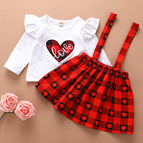Mulmagni 3m-3Y Conjunto de saia xadrez de manga comprida com estampa de amor, Vermelho, 110