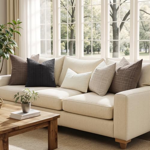 Image of MIULEE Decorative Linen Check Euro Shams Throw Pillow Covers Neutral Farmhouse Vintage Pillow Covers 24x24 Set of 2 Boho Modern Winter Home Decor for Sofa Couch Bedroom Cushion Taupe