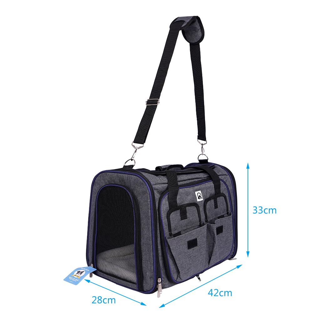 Transportín Perro y Gato Bolso Portaperro Transpirable para Mascota Transportadora de Viaje Ventilación Bolsillos Laterales Dos Puertas con Correa para Coche (Gris, 28x33x42cm)