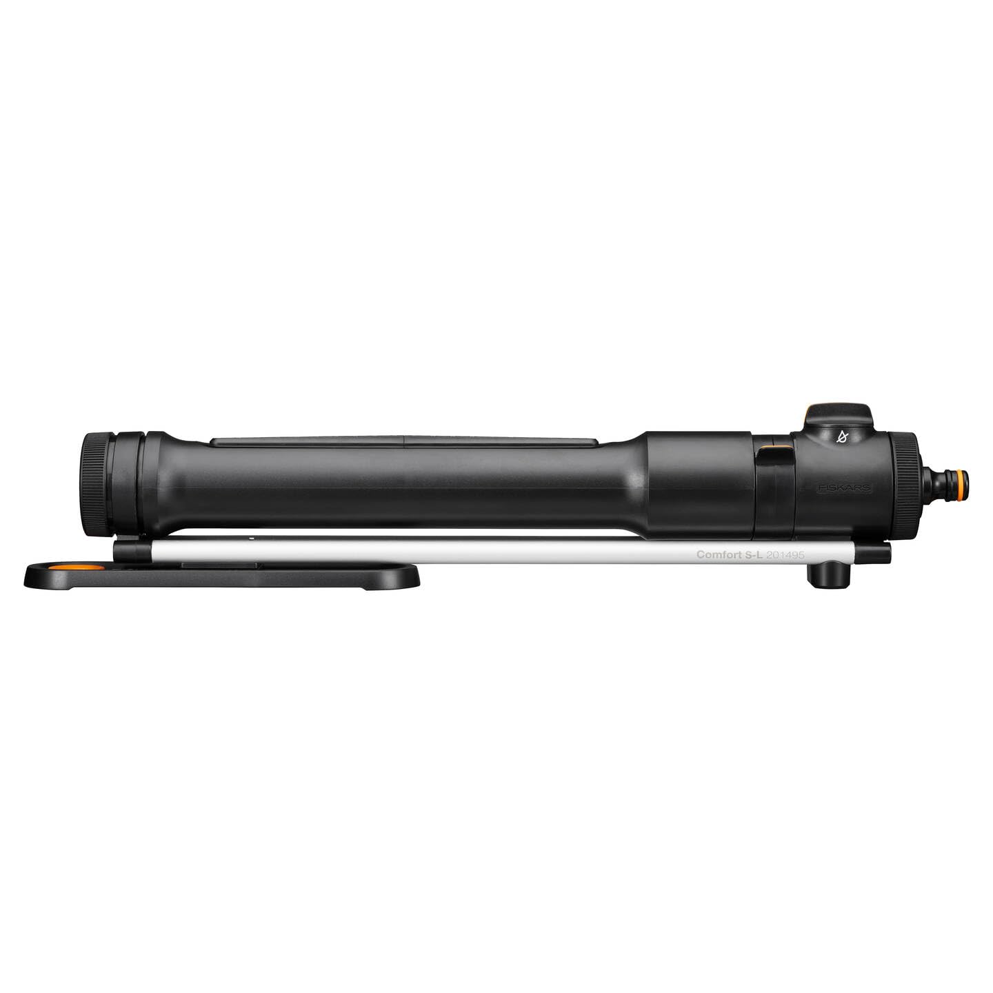 Fiskars Comfort Aspersor oscilante S-L | Aspersor para áreas de 300-500 m², Negro/naranja, 1070833