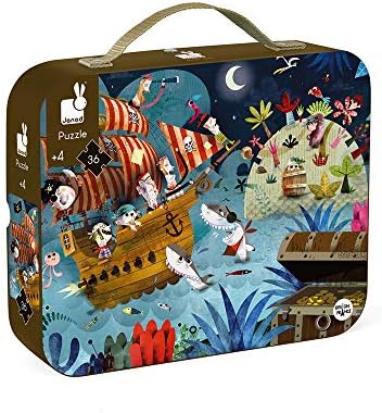 Janod 36 Piece Pirate Ship Treasure Hunt Puzzle Toy – Mini Suitcase Styled Box for Organized Storage – Store Everything Inside and Transport Wherever You Go – Cognitive Development – Ages 4-7