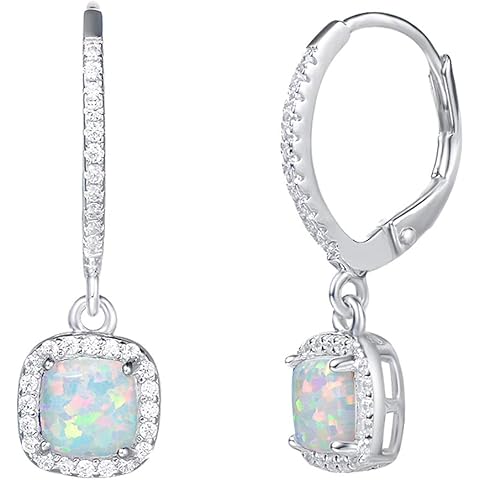 FANCIME Lever Back Earrings Created Opal October Birthstone Earrings Sterling Silver White Fire Opal Halo Cubic Zirconia Square French Back Earrings Jewelry for Women