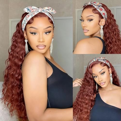 Image of XSY Headband Wig Human Hair Curly Reddish Brown 150% Density Brazilian Virgin Hair #33 Red-Brown Deep Wave Headband Wig Glueless None Lace Front Wig 18 Inch