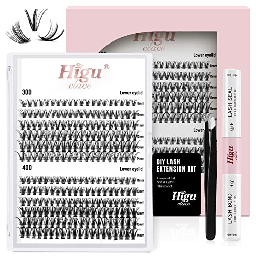Higu clace DIY Lash Extensions Kit, Individual Lashes Cluster 240pcs Mix8-14mm, Bond and Seal Lash Kit with Tweezer
