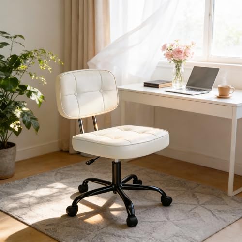 Image of DUMOS Home Office Desk Chair - Ergonomic Armless PU Leather Computer Rolling Task Chair,with Comfy Lumbar Support and Height Adjustable, Vanity, Bedroom, Living Room, Beige