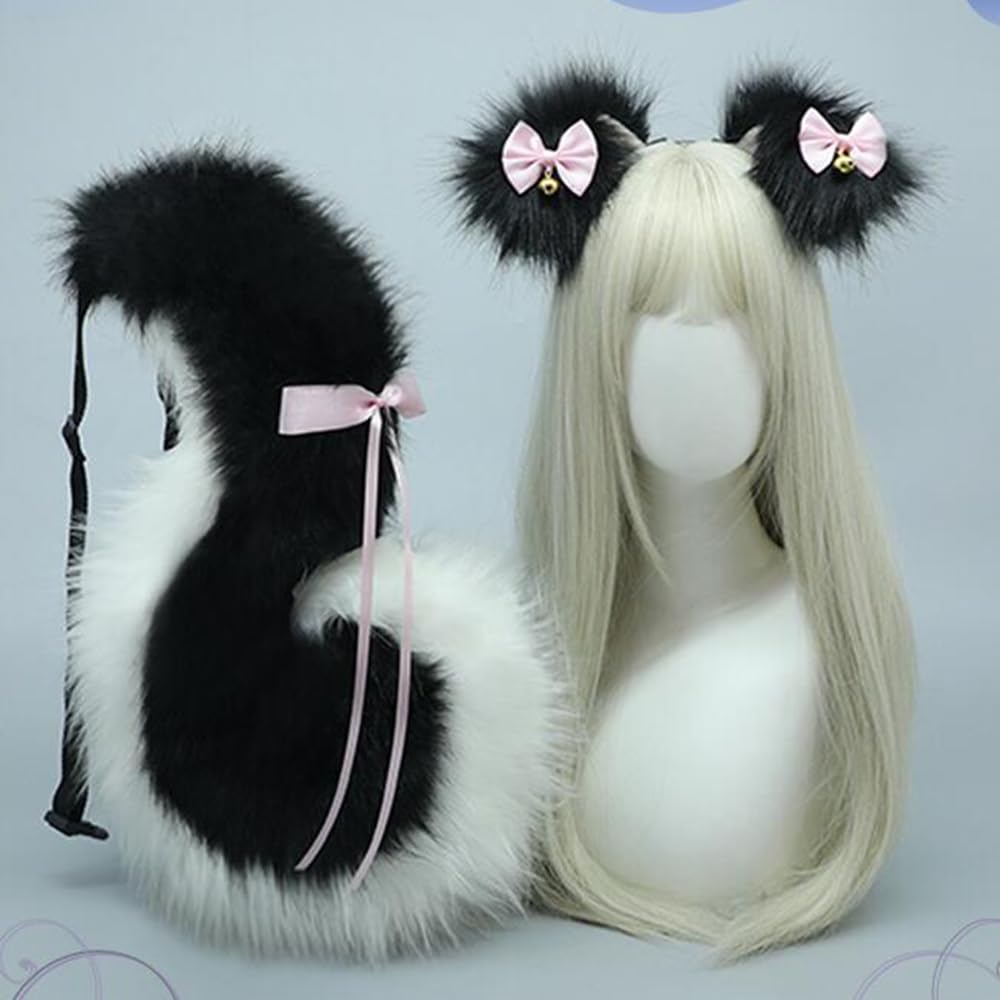 TTYAO REII Fluffy Wolf Ears and Tail Set Anime Cosplay Dog Fox Cat Ears Headband and Tail for Furry Costume Accessories (Black White)