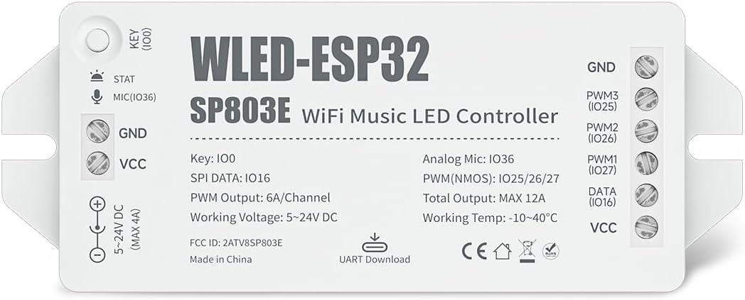BTF-LIGHTING ESP32 WLED SP803E LED-Controller m/Mikrofon, Soundreaktiv,DIY-Modi, UART, USB-C mit FW-Download für WS2811 WS2812 WS2814 WS2815 SK6812 Addressable LED Streifen/Matrix, PWM-Dimmung CCT/RGB