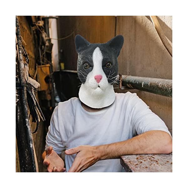 Reneecho cute cat mask, realistic animal head mask halloween funny black and white cat costume accessory - image 3