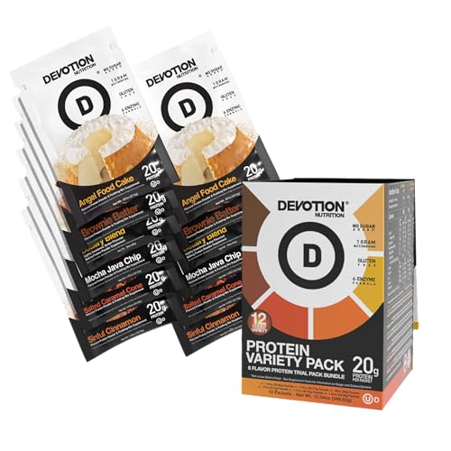 Devotion Nutrition Protein Powder Packets Variety Pack – 6 Flavors – Gluten Free, Keto Friendly, No Added Sugars, 1g MCT, 20g Whey & Micellar Protein per Serving – 12 Single-Serve Packets