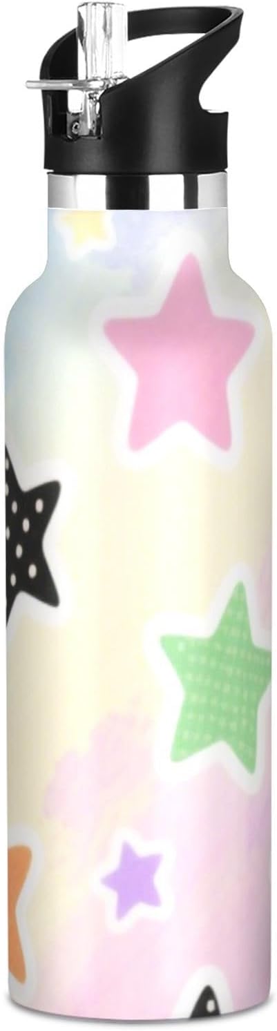 Gradient Rainbow Star – Botella de agua para niños a prueba de fugas y sin BPA con tapa con pajilla, doble pared aislada al vacío para deportes,