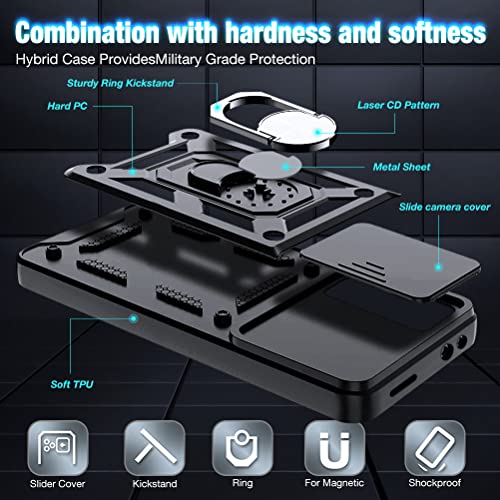 Image of Shockproof Back Case Cover for Oppo A6 /A6 Pro 5G, Shockproof Oppo A6 /A6 Pro Back Cover, Ring Case with Kickstand and Camera Protection Shutter - Black