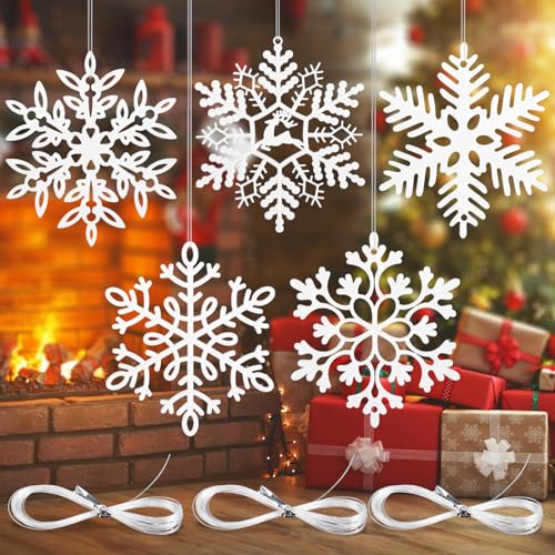 Coicok 30 Pezzi Decorazione Natale Fiocco di Neve, Fiocchi di Neve di Natale Bianchi, Fiocci di Neve in Plastica Pendenti con Cordino, Fiocco di Glitter per Albero Finestra Decorazione di Vacanza