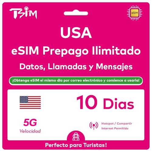 eSIM de EE. UU. por 10 días en la Red T-Mobile, con Datos ilimitados de Alta Velocidad, Llamadas...