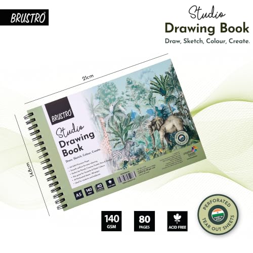 Image of BRUSTRO Artist's Graphite Pencil Set of 5,Pre-Sharpened,Break-resistant With Studio Drawing Book,Blank 80 Pages, Wiro Bound, A5(5.8x8.3 inches), 140 GSM,Perforated Sheets|Ideal for Sketching,Writing
