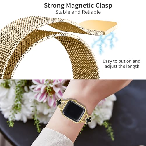 Joyozy Slim Metal Band Compatible with Apple Watch Band 38mm 40mm 41mm 42mm 44mm 45mm 46mm 49mm Skinny Magnetic Strap with Bling Charms, Cute Stainless Steel Band, Dressy Thin iWatch Bracelet for Women