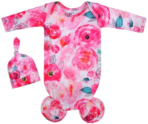 Image of Mikccer Baby Knotted Gown Newborn, Super Soft Breathable Baby Sleeper Gowns, Babies Girls Nightgowns Coming Home Outfit Infant with Hat Set