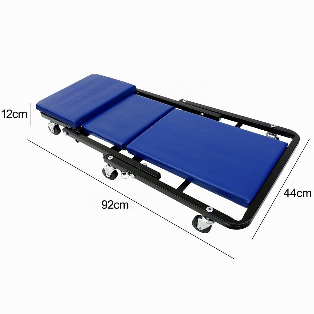 Deuba® Camilla Taller Mecánico, Taburete con Ruedas Asiento de Trabajo, hasta 150Kg, Asiento Reposacabezas, Tumbona Cama Coche Silla Plegable, Montaje Bricolaje