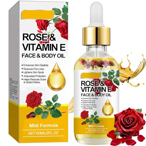 Rose and Vitamin E Face Oil – For Face and Body Skincare Radiant, Youthful Glow. Deeply Nourishes, Enhances Elasticity, and Lightens Spots. Fade Fine Lines Perfect for Dry Skin Fragrant Massage Oil