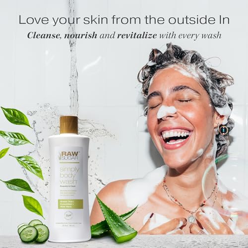 RAW SUGAR Sensitive Skin Simply Body Wash - Green Tea + Cucumber + Aloe Vera, Moisturizing & Brightening Bath & Shower Gel, Sulfate-Free, Paraben-Free & Vegan (Pack of 3)