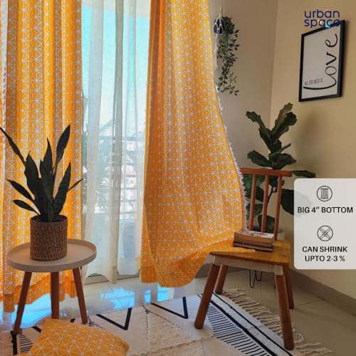 Image of Urban Space 100% Cotton Semi Sheer Curtain for Door, Bohemian Curtains 7 Ft Long with Eyelets and Tieback, 2 Curtains with 2 Cushion Covers (Door- 7 X 4Ft, Cushion Cover- 16X16 Inch, Yellow Star)