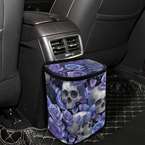 Image of Talayituse Skull Rose Print Car Trash Can Portable Auto Garbage Bin Multifunctional Vehicle Interior Accessories with Adjustable Straps Universal Fit Truck SUV Sedan