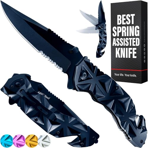 Black Pocket Knife - Serrated Sharp 3,5" Blade Folding Knives - Spring Assisted Tactical Hunting Camping Knife with Wire Cutter Glass Breaker - Stocking Stuffers for Men Women - Best Gift Idea HB 207
